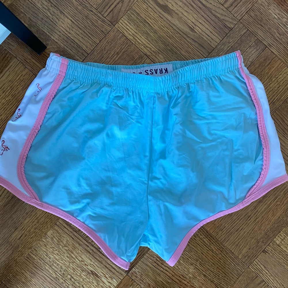 Krass & Co Blue Embroidered Shorts- Flamingos